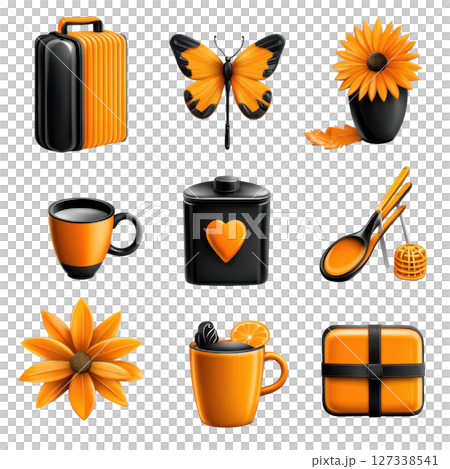 Bright orange and black icons featuring suitcase, butterfly, sunflowers, mugs, and kitchen utensils create vibrant collection. 127338541