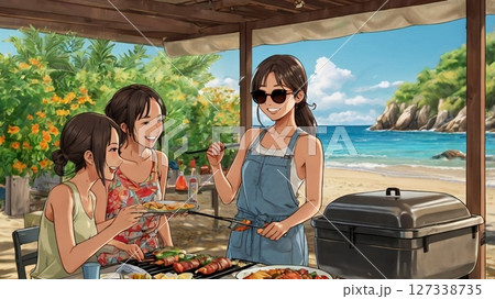 真夏の太陽と潮風に包まれて、浜辺で笑い声を重ねる20代女性たちのバーベキュー日和 127338735