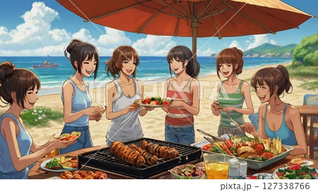 真夏の太陽と潮風に包まれて、浜辺で笑い声を重ねる20代女性たちのバーベキュー日和 127338766