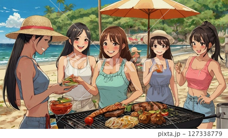 真夏の太陽と潮風に包まれて、浜辺で笑い声を重ねる20代女性たちのバーベキュー日和 真夏の太陽と潮風に包まれて、浜辺で笑い声を重ねる20代女性たちのバーベキュー日和 127338779