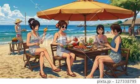 真夏の太陽と潮風に包まれて、浜辺で笑い声を重ねる20代女性たちのバーベキュー日和 127338795