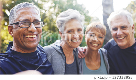 Nature, selfie and senior friends on a hike for wellness, exercise and health in the woods. Happy, smile and portrait of a group of elderly people in retirement in forest trekking together in summer. 127338953
