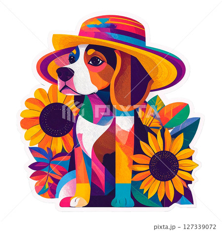 ヒマワリと麦わら帽子のビーグルのアートステッカーイラスト2／チラシやポスター用素材 127339072