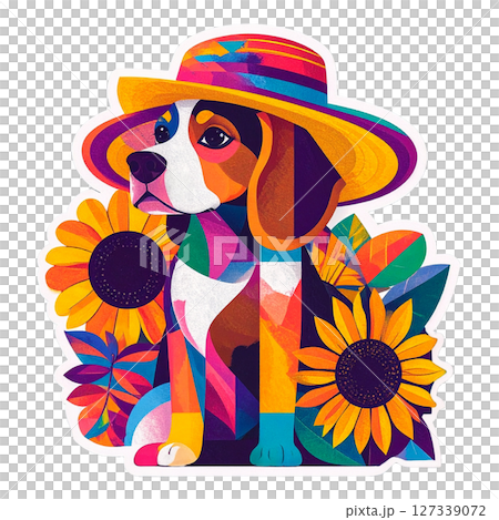 ヒマワリと麦わら帽子のビーグルのアートステッカーイラスト2／チラシやポスター用素材 127339072
