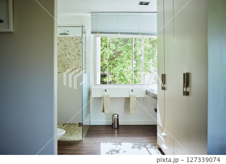 Empty bathroom, interior and architecture in home, house and luxury hotel for hospitality, hygiene and cleaning. Shower room, design and real estate building, background and residential apartment Empty bathroom, interior and architecture in home, house and luxury hotel for hospitality, hygiene and cleaning. Shower room, design and real estate building, background and residential apartment 127339074