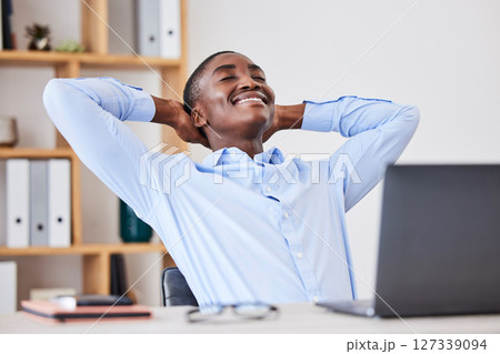 Success, relax or businessman in office building with peace, freedom or calm on work break with sales goals done. Thinking, dreaming or happy black man resting or relaxing with pride from job target 127339094