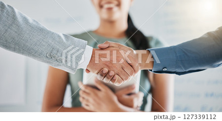 Teamwork, collaboration and business people handshake for partnership, b2b or hiring contract. Welcome, thank you and group, employees or workers shaking hands for onboarding, recruitment or deal. 127339112