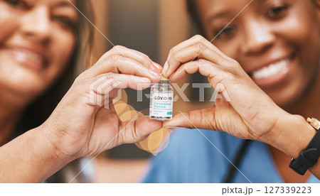 Covid vaccine, heart and hands of people in nursing home for support of medical innovation, medicine product and vial bottle. Corona virus vaccination, healthcare and finger shape for patient healing Covid vaccine, heart and hands of people in nursing home for support of medical innovation, medicine product and vial bottle. Corona virus vaccination, healthcare and finger shape for patient healing 127339223