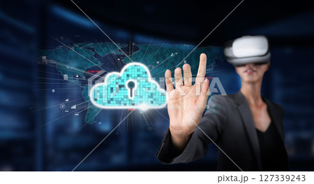 Woman in Virtual Reality Headset Interacting with Cloud Computing Concept, Digital Network, Secure Online Storage and Internet Business Solutions XDMCP 127339243