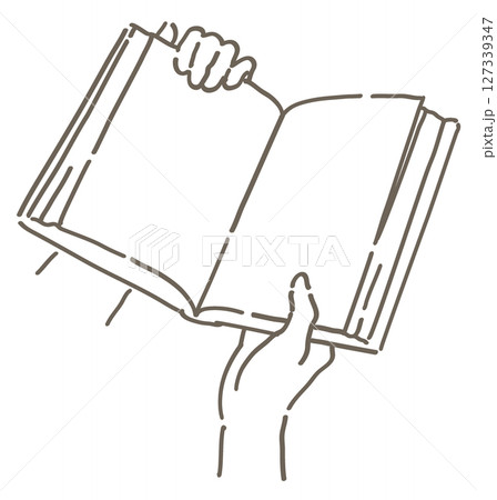 本を読んでいるシーンのイラスト。手と本。シンプルタッチ、ベクターイラスト素材。 127339347