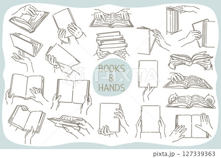 本を読む、開く、持つ手などのイラスト素材セット。シンプルタッチ、ベクターイラスト素材。 本を読む、開く、持つ手などのイラスト素材セット。シンプルタッチ、ベクターイラスト素材。 127339363