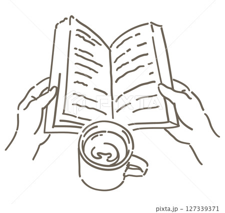 本を持つ手と、コーヒーのイラスト。ベクターイラスト素材。 本を持つ手と、コーヒーのイラスト。ベクターイラスト素材。 127339371
