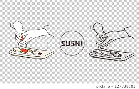廚師製作壽司的手的線條畫插圖 127339503