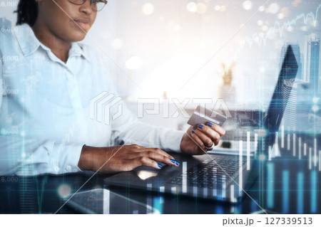 Laptop, credit card or black woman trading on stock market or forex for financial investment growth with 3d hologram. Overlay, finance or female trader typing banking password data on fintech website 127339513