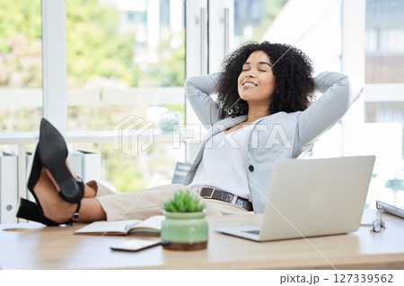 Business woman, feet up and relax with laptop on office desk while happy about productivity, success and career choice as boss, leader or manager. Black female entrepreneur done and finish with work Business woman, feet up and relax with laptop on office desk while happy about productivity, success and career choice as boss, leader or manager. Black female entrepreneur done and finish with work 127339562