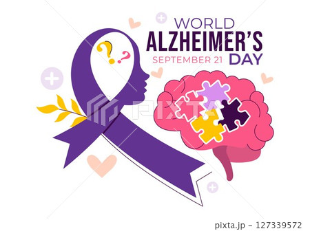 World Alzheimer's Day Vector Illustration featuring an Elderly and a Brain Jigsaw Puzzle Symbolizing Memories on a Purple Ribbon in a Flat Background World Alzheimer's Day Vector Illustration featuring an Elderly and a Brain Jigsaw Puzzle Symbolizing Memories on a Purple Ribbon in a Flat Background 127339572