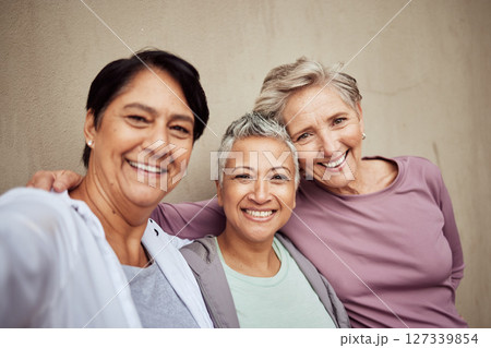 Senior women, selfie and happy fitness support together for exercise workout motivation, training wellness and retirement lifestyle. Elderly friends, sports portrait and happy face for cardio care 127339854