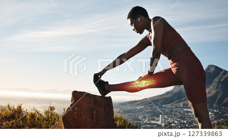 Fitness, mountain and black woman stretching legs ready to start workout, running and marathon training. Sports, exercise and x ray of knee of female athlete for wellness, performance and body health Fitness, mountain and black woman stretching legs ready to start workout, running and marathon training. Sports, exercise and x ray of knee of female athlete for wellness, performance and body health 127339863