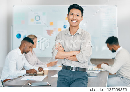 Businessman, arms crossed or boardroom office leadership with company growth vision, financial management innovation or investment ideas. Portrait, smile or happy finance worker with teamwork goals Businessman, arms crossed or boardroom office leadership with company growth vision, financial management innovation or investment ideas. Portrait, smile or happy finance worker with teamwork goals 127339876
