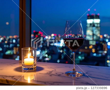 ラグジュアリーバーで輝く夜景と赤ワイングラス10　AI生成画像 127339896
