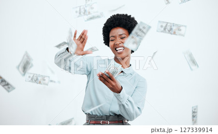 Money, cash and business black woman in studio wealth, bonus and investment success with finance, profit and savings. Lottery, winner and salary of an african corporate employee for financial freedom 127339914