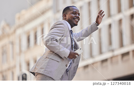 Taxi stop, travel and black man in the city, street bus and happy with transport in New Zealand. Transportation call, smile and African businessman waiting for a metro in the road for commute to work Taxi stop, travel and black man in the city, street bus and happy with transport in New Zealand. Transportation call, smile and African businessman waiting for a metro in the road for commute to work 127340018