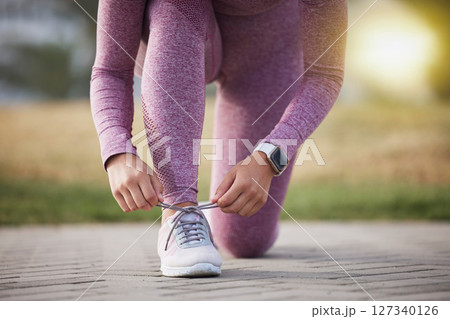 Runner, fitness and woman with sneakers outdoor for run, cardio and body training with health and wellness. Exercise, female start running and shoes with sports motivation and active lifestyle Runner, fitness and woman with sneakers outdoor for run, cardio and body training with health and wellness. Exercise, female start running and shoes with sports motivation and active lifestyle 127340126