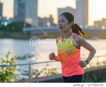 朝日を浴びて川沿いを走る日本人女性5 AI生成画像 朝日を浴びて川沿いを走る日本人女性5 AI生成画像 127340158