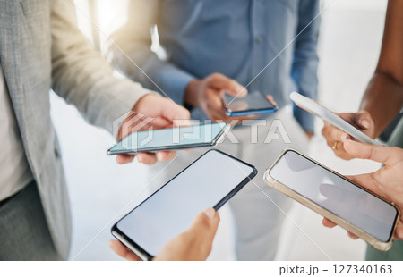 Mockup, business and closeup of smartphone, group and social media for texting. Screens and people with cellphones, typing and search internet with communication, online chatting or connection 127340163