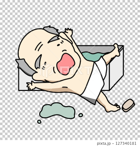 お風呂場で石鹸で滑るおじいちゃんのイラスト 127340181
