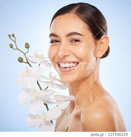 Beauty, flower and nature skincare with woman, skin and face care with cosmetics portrait, organic and glow. Sustainable makeup, natural shine and healthy facial treatment against studio background. Beauty, flower and nature skincare with woman, skin and face care with cosmetics portrait, organic and glow. Sustainable makeup, natural shine and healthy facial treatment against studio background. 127340229