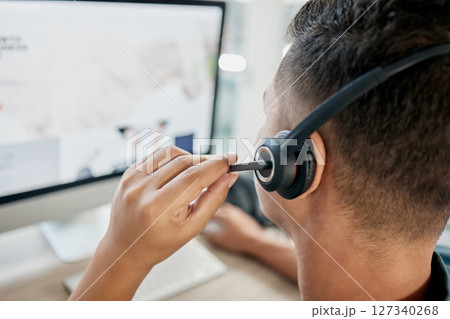 Microphone, computer us or call center consultant networking, talking or speaking of a financial loan policy. Contact us, telemarketing job or crm salesman in conversation with client on help screen 127340268