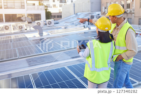 Engineer, back or woman with man, solar energy or sustainable power inspection. Technician, male or female for panels maintenance, eco friendly construction or agriculture for alternative electricity 127340282