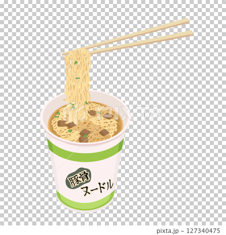 豚骨味のカップ麺を割りばしで食べるイラスト 127340475