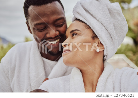 Spa, wellness and relax with a black couple in a health center or luxury resort for romance and dating. Vitality, rest and relaxation with a man and woman at a resort for a romantic weekend getaway 127340523