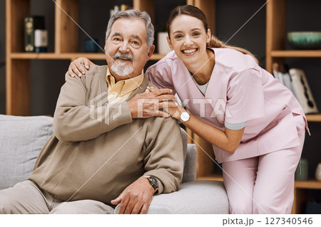 Healthcare, support and doctor with a senior man for medical attention, consulting and nursing from a house. Trust, hug and portrait of a caregiver with support for an elderly patient in retirement Healthcare, support and doctor with a senior man for medical attention, consulting and nursing from a house. Trust, hug and portrait of a caregiver with support for an elderly patient in retirement 127340546