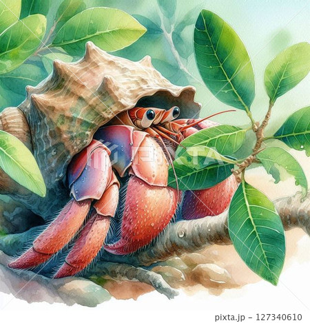 ガジュマルの葉っぱを食べるオカヤドカリ 水彩画風 ガジュマルの葉っぱを食べるオカヤドカリ 水彩画風 127340610