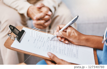 Nurse, clipboard and pen for checklist with patient, healthcare service and medical information. Closeup doctor hands writing documents, research and questions for report, planning and wellness admin 127340780