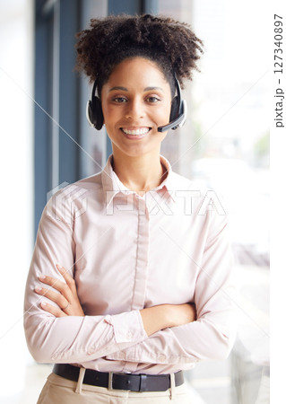 Call center, smile and portrait of black woman in customer service, telecom consultant and technical support. Happy female sales agent, advisory and telemarketing help for customer support questions Call center, smile and portrait of black woman in customer service, telecom consultant and technical support. Happy female sales agent, advisory and telemarketing help for customer support questions 127340897
