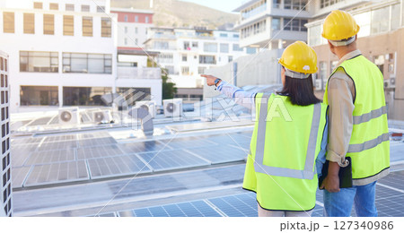 Engineer, back or woman with man, solar energy or sustainable power inspection. Technician, male or female for panels maintenance, eco friendly construction or agriculture for alternative electricity 127340986