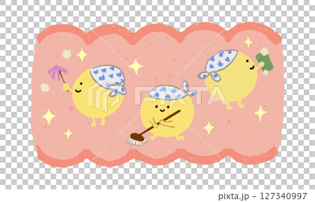 手描きの腸内で元気にお掃除する善玉菌のキャラクター 手描きの腸内で元気にお掃除する善玉菌のキャラクター 127340997