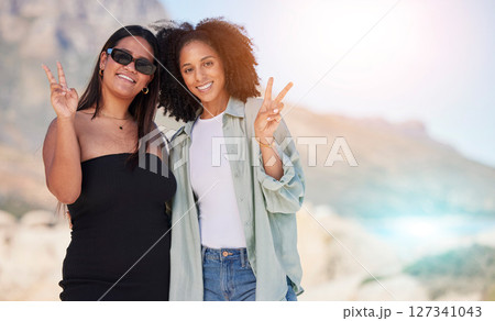 Women, friends and sign for peace, smile and travelling for vacation, holiday and bonding. Females, girls or hands for sign language, harmony or summer break for bonding, loving or happiness to relax Women, friends and sign for peace, smile and travelling for vacation, holiday and bonding. Females, girls or hands for sign language, harmony or summer break for bonding, loving or happiness to relax 127341043