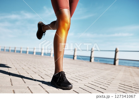 Black woman runner, knee pain and legs by promenade, street or training by ocean in fitness, speed or health. Feet, sneakers and running on road by sea for wellness, nature workout or summer exercise Black woman runner, knee pain and legs by promenade, street or training by ocean in fitness, speed or health. Feet, sneakers and running on road by sea for wellness, nature workout or summer exercise 127341067