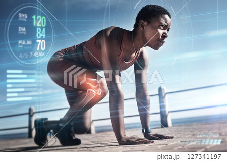Start, runner or black woman training for fitness, cardio exercise or running workout in summer with overlay. Hologram, pulse or healthy girl sports athlete with focus, resilience or strong mindset Start, runner or black woman training for fitness, cardio exercise or running workout in summer with overlay. Hologram, pulse or healthy girl sports athlete with focus, resilience or strong mindset 127341197