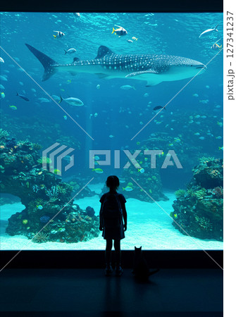 水族館で魚を見つめる少女と黒猫の後ろ姿 127341237