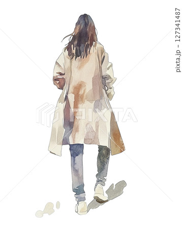 全身立ち絵】ロングコートを着た女性の後ろ姿のイラストのイラスト素材