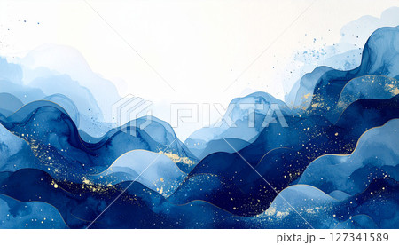 幻想的な水彩インクの波と山の風景 幻想的な水彩インクの波と山の風景 127341589