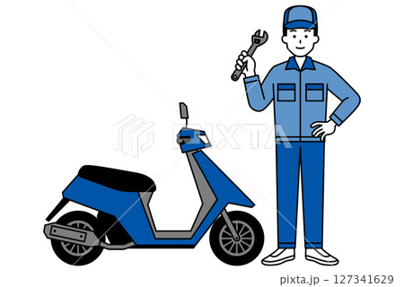 原付バイクと修理業者の男性 原付バイクと修理業者の男性 127341629