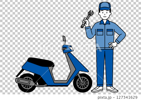 原付バイクと修理業者の男性 原付バイクと修理業者の男性 127341629