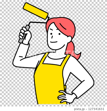 A woman in an apron holding a paint roller 127341631